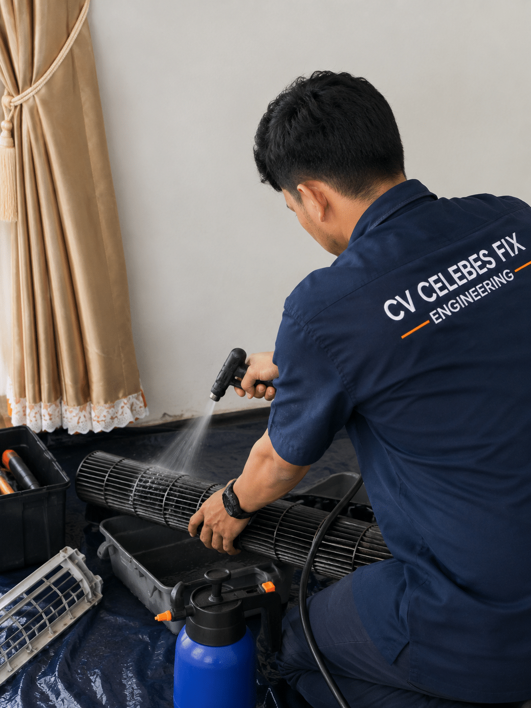 Proses pencucian unit indoor AC oleh teknisi Celebes Fix